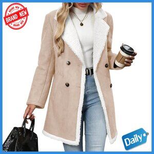 Women's Faux Suede Sherpa Lined Peacoat Winter Coat Notch Lapel Double Breasted